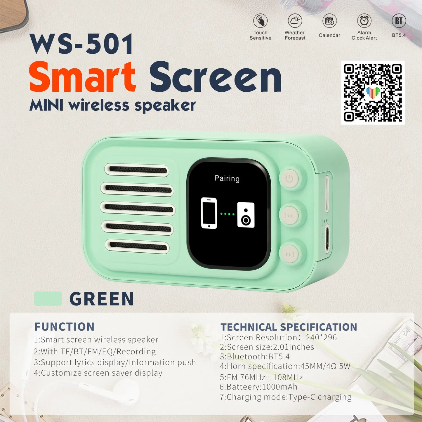 wireless Bluetooth speaker with screen (use as alarm,calender and ETC.)